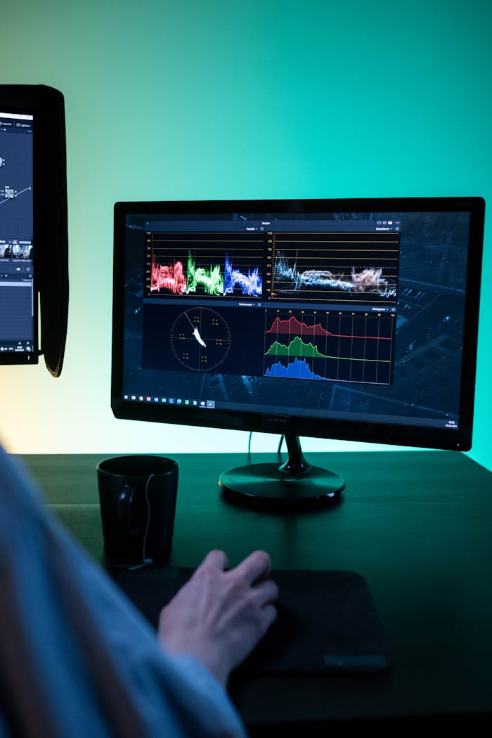 Mastering the First Impression: Your intriguing post title goes here Modern workspace setup with dual monitors showcasing editing software and data analysis.